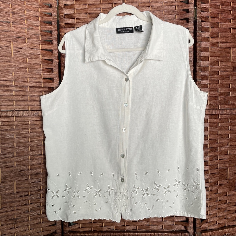 Stephanie Rogers Sleeveless Button-Front Eyelet embroidery, Linen Blend Size XL.